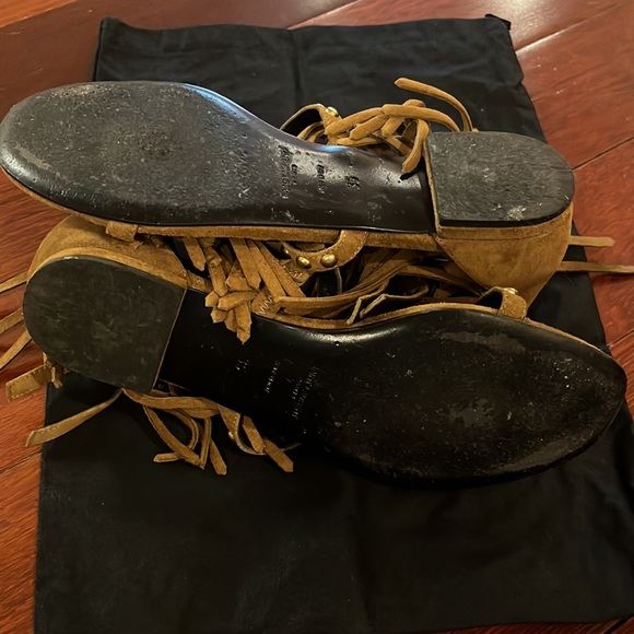 Saint Laurent | Gladiator Suede Fringe Flat Studded Sandals Tan 35 - Picture 8 of 8